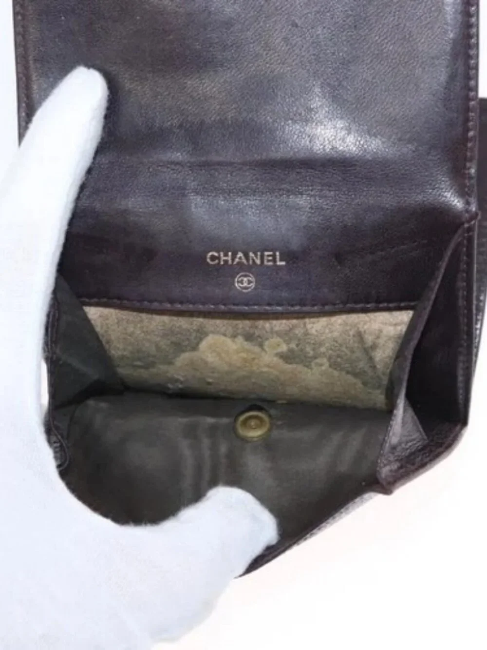 CHANEL Bifold Wallet Grained Calf Skin Black Gold CC Auth bs32337